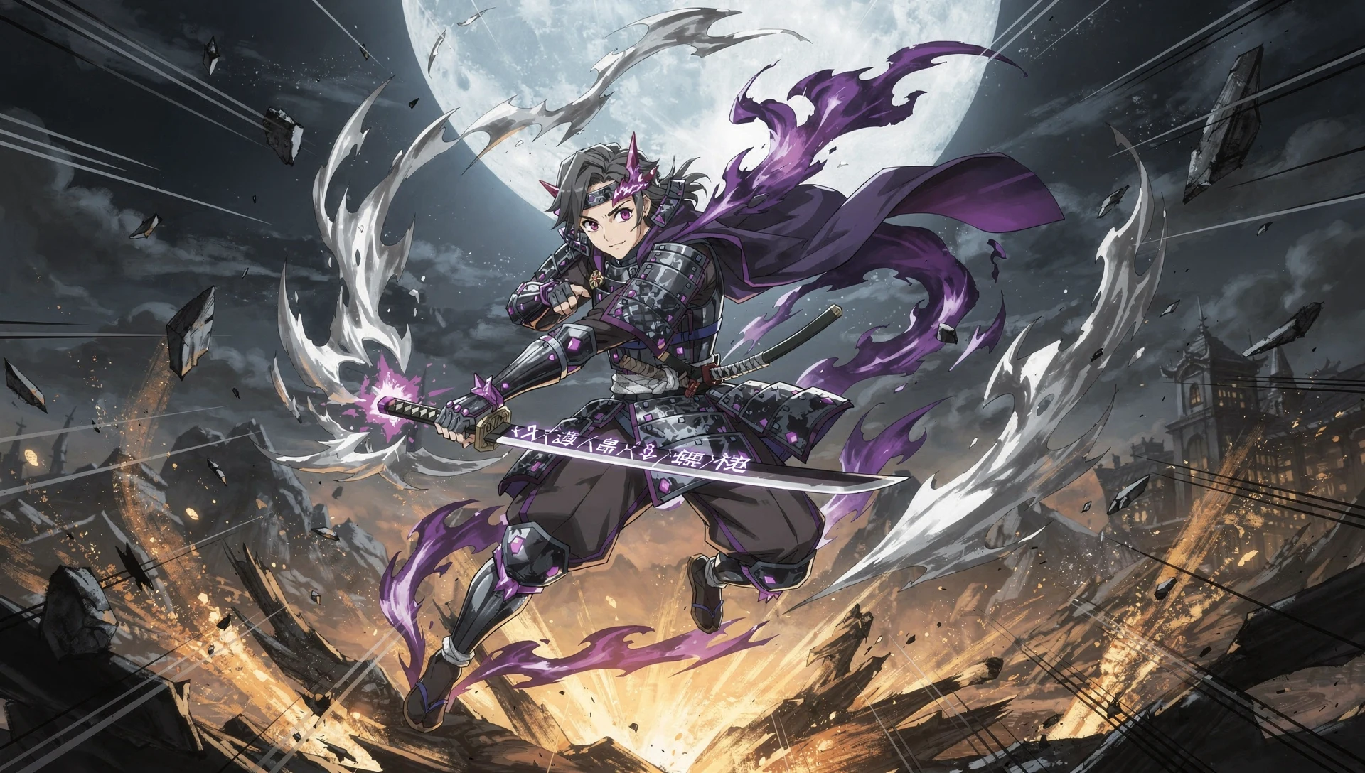 Fusion anime style Demon Slayer, guerrier au katana, aura argent et violet