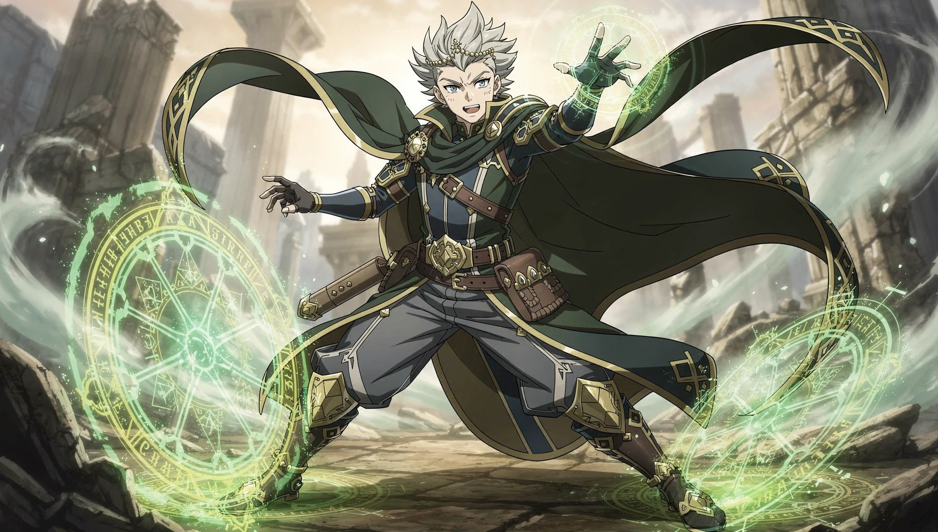 Fusion anime style Black Clover, mage aux cercles magiques verts et or