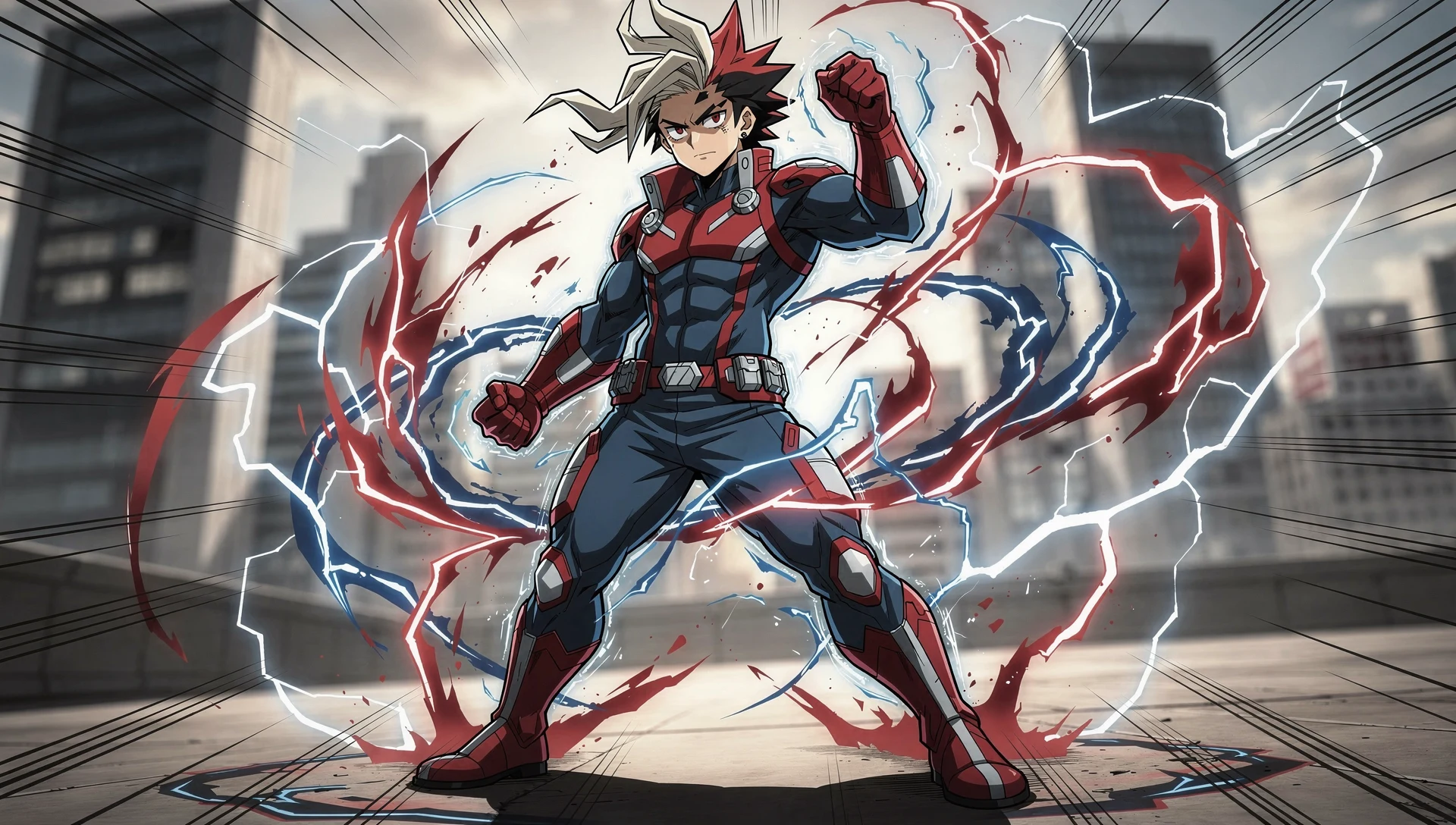 Fusion anime style My Hero Academia, héros à l'aura foudre bleue et rouge